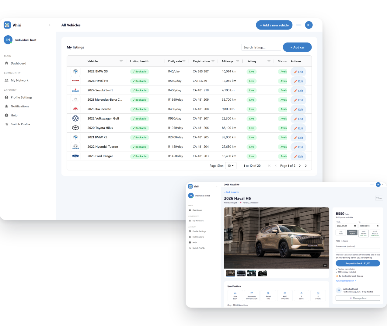 The Vhiri web dashboard: a host's vehicle listings and a car's booking page